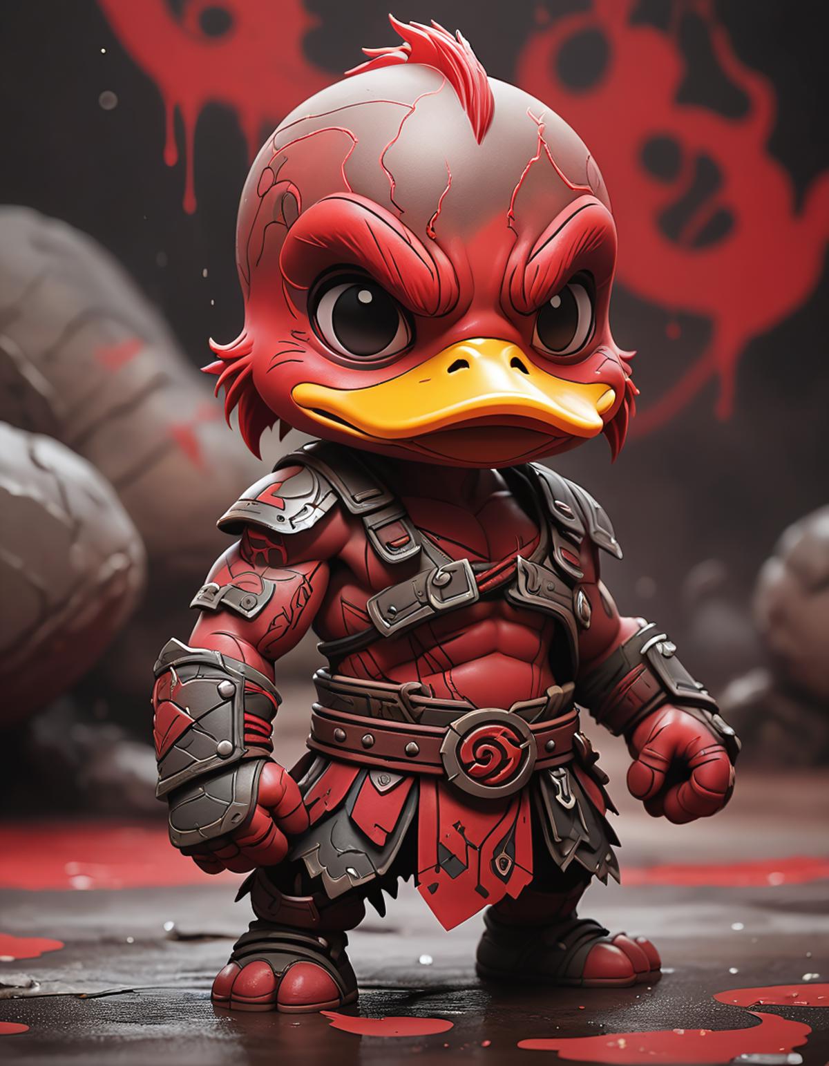 A red ducky figurine with a sword and shield, standing on a red background.