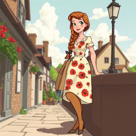 The image is of a beautiful 18 year old woman. She is long ginger hair in a French braid and is wearing a cream dress with poppy print. It is a classic 1940s vintage cartoon. She is wearing tan stockings and high heels and is carrying a paper bag of shopping with her. She is leaning against a wall in a busy village setting. There is sunshine and clouds in the sky. She is petite, with a slim body and and a flat chest. She has pale skin with heavy freckles, a cute nose and green eyes. Her skin is sweating just a little as it is a hot day.