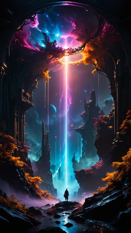 <(score_9,score_8_up,score_7_up,score_6_up,score_5_up,score_4_up):1.0>,
<(Amidst the shimmering darkness, strange cosmic structures loom, pulsating with vibrant energy. Neon hues crisscross in the sky, defying gravity as they intertwine in intricate networks. Ethereal liquid crystals cascade like waterfalls, forming mesmerising currents in the fluid expanse of the cosmos. Mythical creatures, both organic and mechanical in nature, engaged in celestial ballets. Tachisme elements emerge from the depths, splattering iridescent paints across the inky stage, leaving trails of audacious brushstrokes behind. Through the glistening veil, behold the convergence of science-fiction and fantastical elements in these intriguing mythical nightscapes):1.0>,
<(detailed matte painting, deep color, fantastical, intricate detail, splash screen, complementary colors, fantasy concept art, 8k resolution trending on Artstation Unreal Engine 5):0.9>
<lora:WildcardX-XL-Detail-Enhancer:1>,
 <lora:zavy-cntrst-sdxl:1>