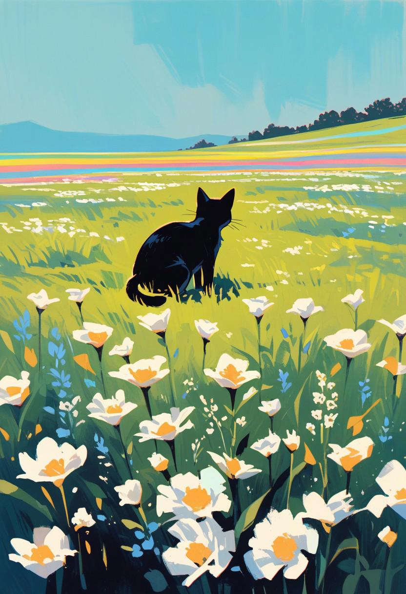 score_9, score_8_up, score_7_up, score_6_up, watercolors, a small black kitten asleep in a field of white flowers. pastels, dreamlike