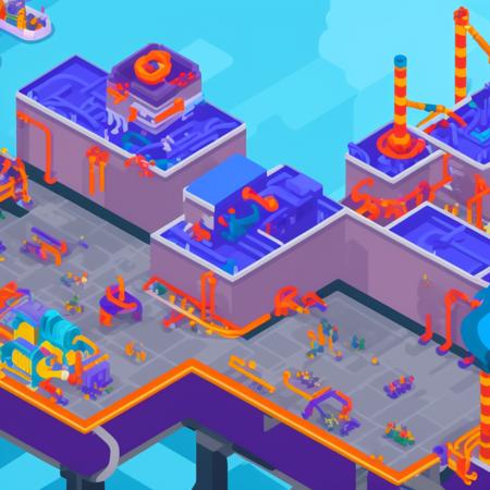 mechanical factory in kurzgesagt style