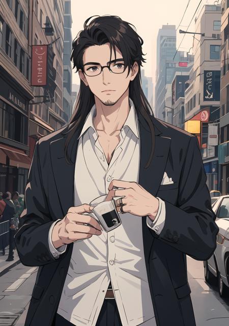 (masterpiece, best quality), 1boy, mature man, coat, wearing rings, mafia, long hair, glasses