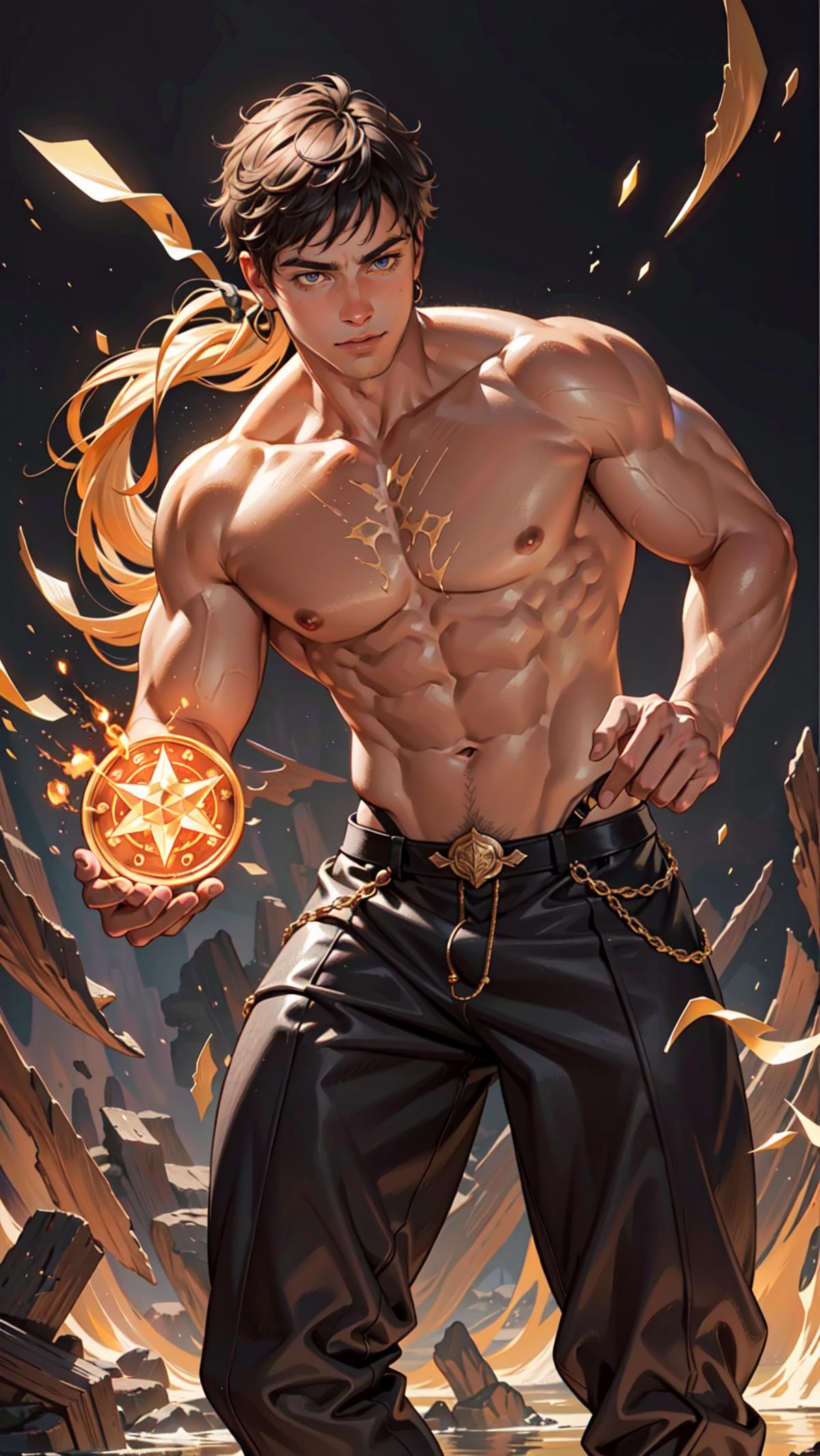 The Anime Man with a Star: A Muscular Shirtless Man Holding a Star in a Dark Setting