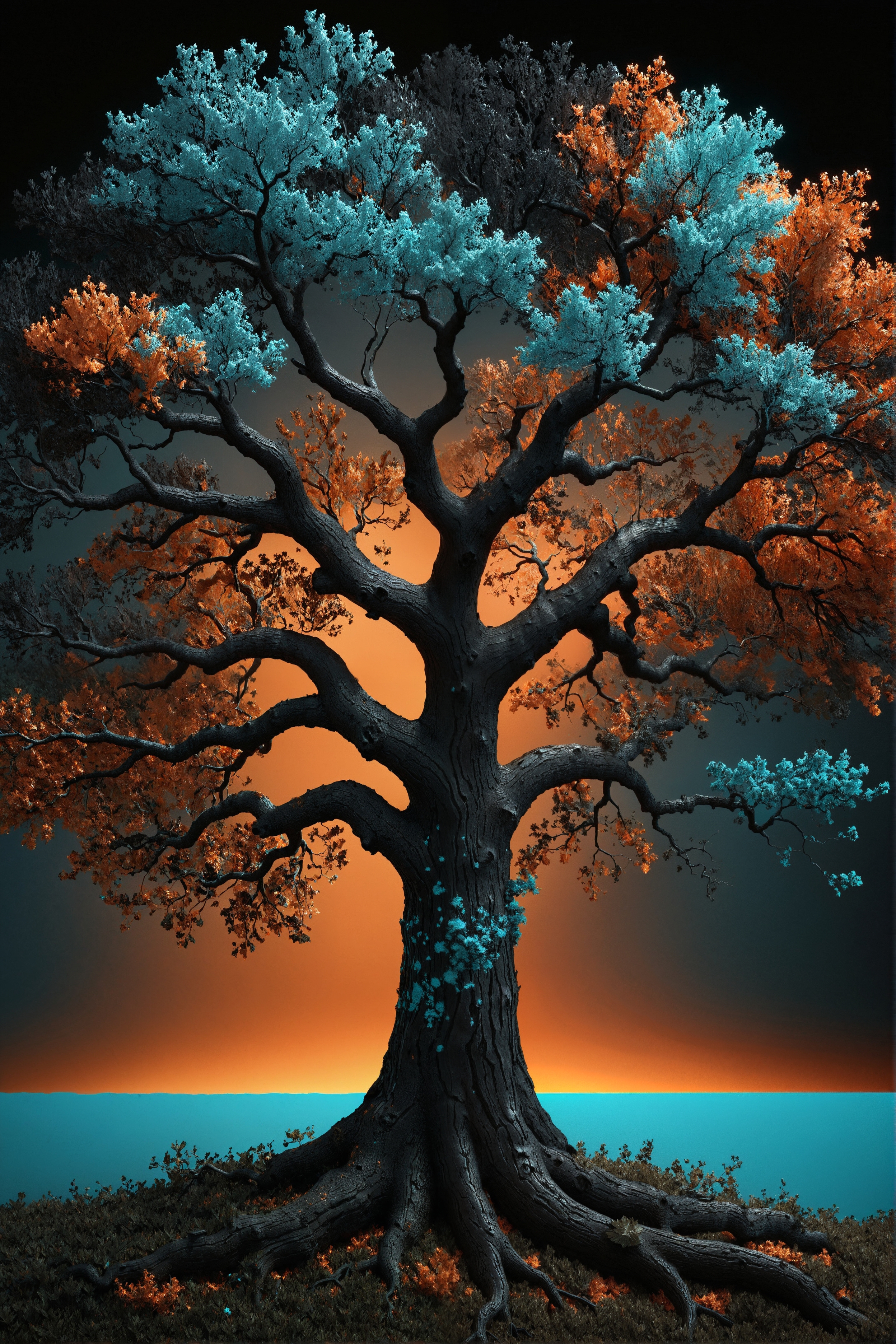 A tree with a blue background and orange branches.