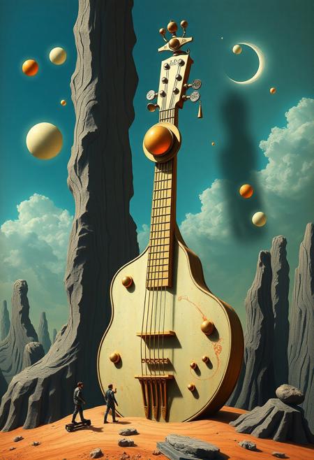 "Salvador Dalí octocore, fusepunk, petrol colored, mucical instrument , illusion,  limitless, pale, chaotic, mucical notes , ultra detailed, cinematic  "