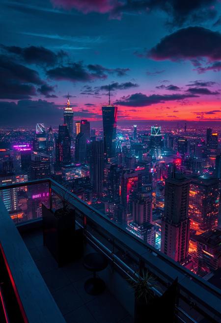 Penthouse, night city view, cyberpunk themed, retrowave,
