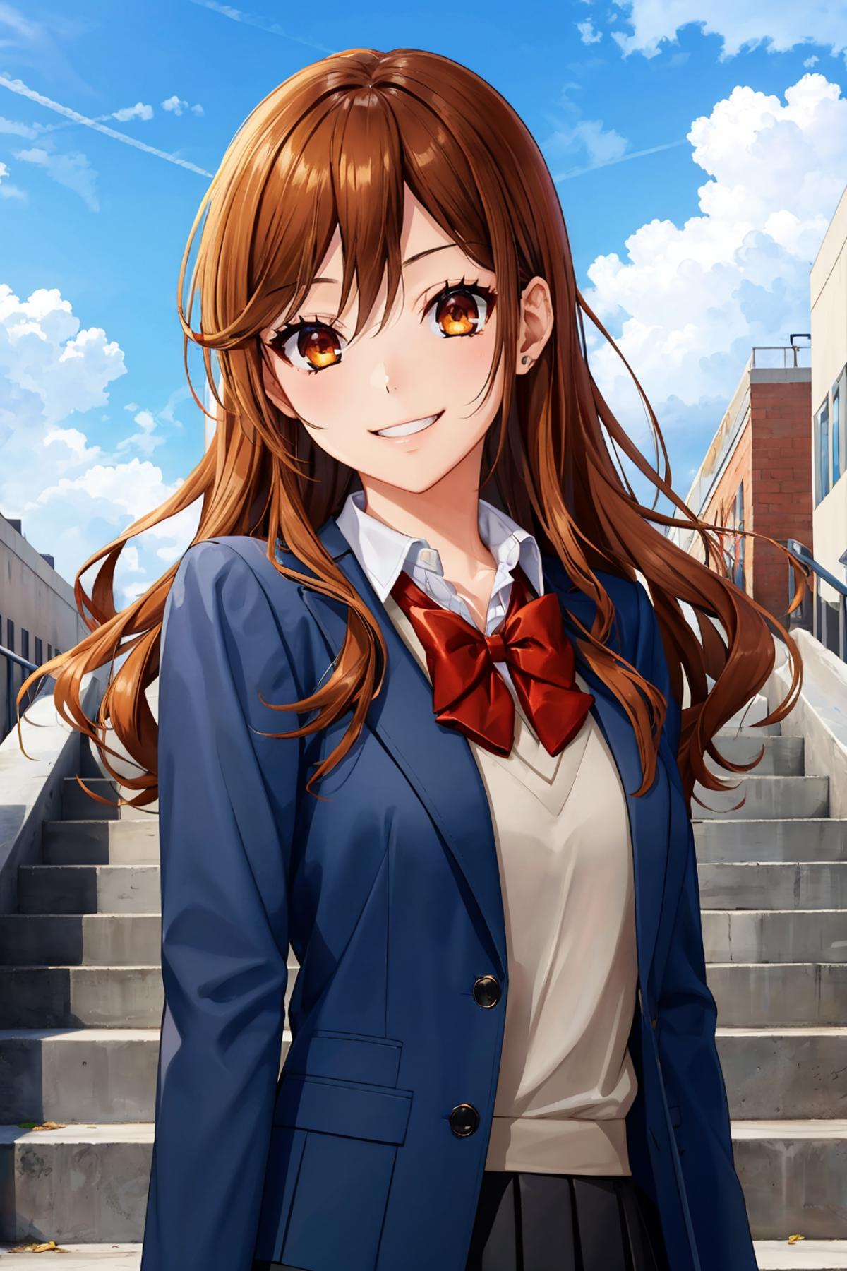 A smiling girl in a blue suit and red tie stands on a staircase.