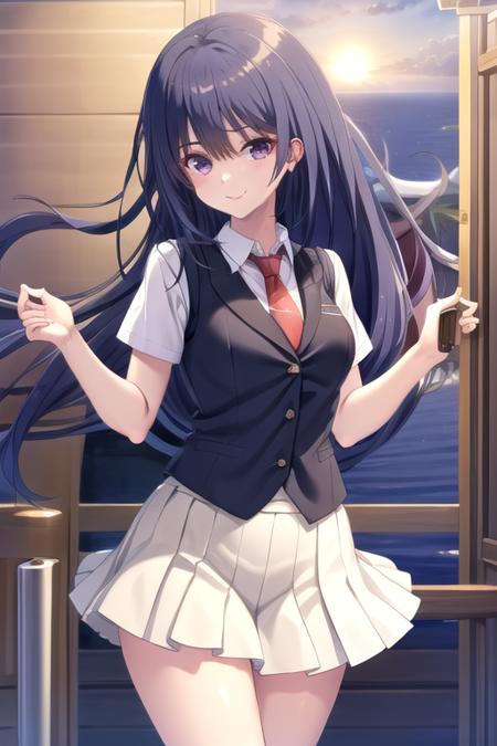 ((masterpiece)),(best quality),official art,extremely detailed CG,unity 8k wallpaper,ultra detailed,beautiful detailed eyes,extremely detailed face,A lighthouse on a cliff by the sea,1girl,solo,cowboy shot,looking at viewer,facing viewer,smile,long hair,black hair,hair between eyes,bangs,purple eyes,school uniform,blue vest,collared vest,red necktie,collared shirt,white shirt,puffy short sleeves,medium breasts,miniskirt,white skirt,pleated skirt,frills,white socks,loafers,<lora:Kozeki Momoko(rk)>,