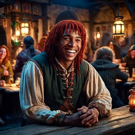 highly detailed candid photo of a medieval male citizen:1.2,


looking at viewer, smile, open mouth, shirt, long sleeves, 1boy, sitting, male focus, red hair, teeth, solo focus, indoors, dark skin tone, table, lantern, bar (place), multiple boys,


masterpiece, best quality:1.1, realistic:1.3,
lighting from behind:1.2, 

ultra photoreal, photorealistic:1.0, sharp focus:1.1, 
depth of field:1.1, 

50mm, style of Nathan Wirth, Hasselblad X1D II, Porta 160,
