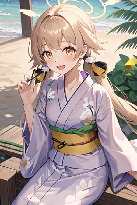 best quality, masterpiece, highres, solo, {yukata:1.40}, {kimono:1.20}, {hifumi_bluearchive:1.15}, long_hair, twintails, low_twintails, halo, yellow_eyes, light_brown_hair, blush, open_mouth, bangs, smile, collarbone