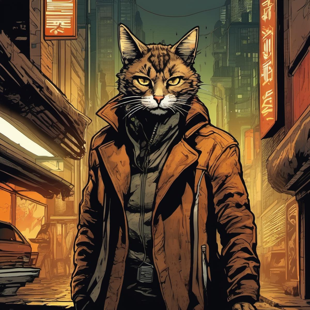A cartoon man wearing a brown coat and a cat head is standing on a city street.