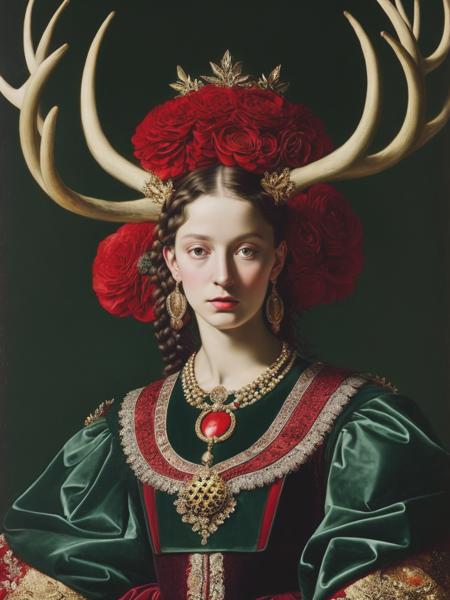 <lyco:SofonisbaAnguissola:1.0> i want an oldfashioned girl with big antlers, in the style of kinuko y. craft, sofonisba anguissola, photorealistic compositions, dark green and red, sandro botticelli, dutch tradition, naturalistic compositions