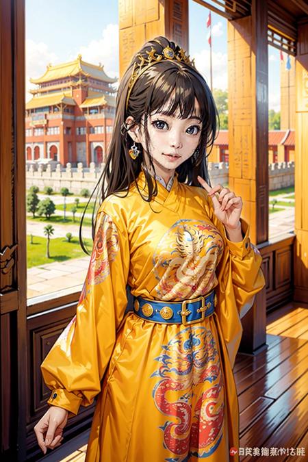 1girl, breast outline, yellow dragon_gown, indoor, masterpiece, best quality,  ancient eastern palace,  inside Forbidden City,  <lora:dragon_gown_v1:0.6>