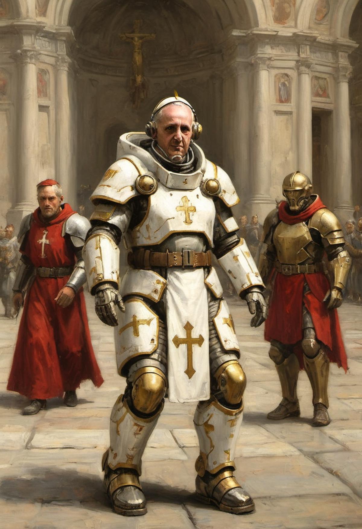 Pope Francis and Knights in Armor at a Cathedral