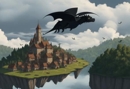 a crowded medieval town floating on an island with forest in the sky, black dragon flying by, cumulus clouds, birds