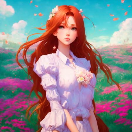 a girl standing in a field, red hair, long hair, flowers, soft colors, dgtl