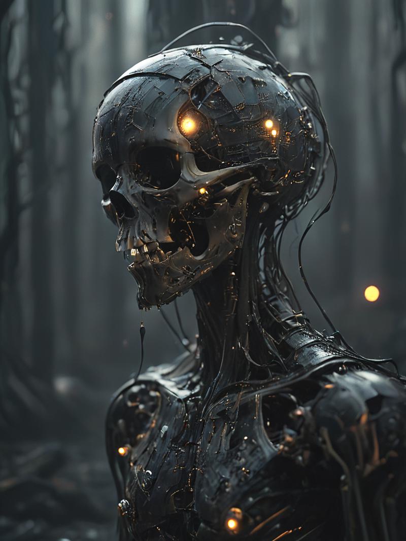 A robotic skull with lights and a chain in a dark environment.