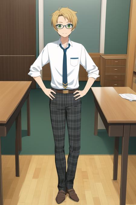 masterpiece, best quality, absurdres, cute, ultra-detailed, perfect anatomy, <lora:ensemble stars-000050:0.6>, indoors, yuuki makoto, ensemble stars, solo, blonde hair, 1boy, green eyes, full body, male focus, necktie, glasses, hands on hips, plaid pants