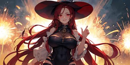 Cinematic, Fancy effects, 1 girl, Solo, (Straight long dark-red hair + Parted bangs:1.2), Bright-red eyes, (Detailed face:1.2), Huge breasts, Large hips, Witch hat, Black tight dress, Evil smile, Explosions, Light particles