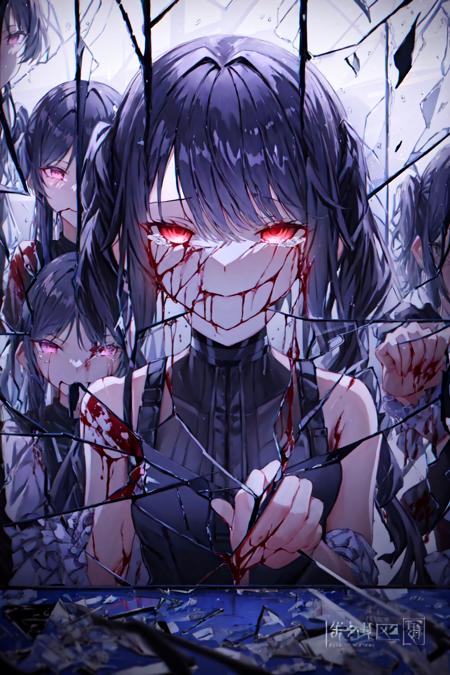 masterpiece, best quality,glass, broken glass, glowing,multiple girls,  6+girls,tears,blood,evil smile,<lora:Glass-000010:1>,