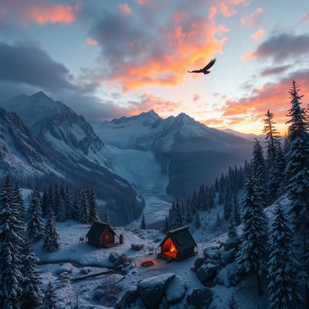 sunrise over a mountainside campsite, medieval, dungeons and dragons, snow and ice, pine forests, frozen rivers and waterfalls, distant eagle flying