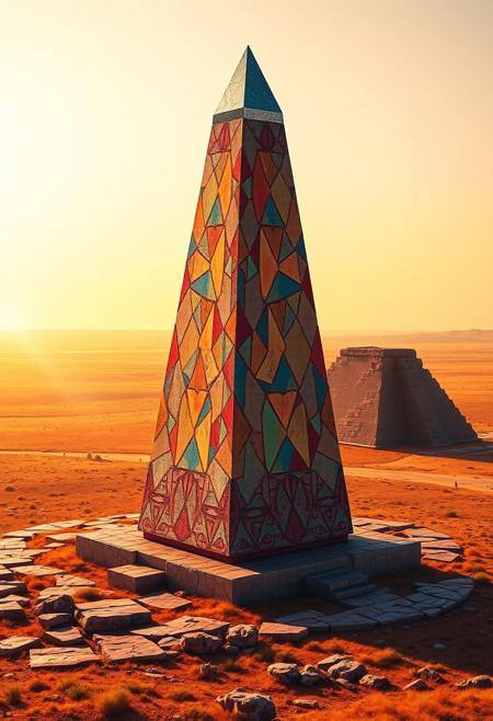 obelisk, savannah, vibrant oil pastel colors, sharp geometric obelisk structure, interlocking polygonal patterns on the surface, multichromatic hues reflecting in sunlight, angular base and pointed top, fragmented terrain around the obelisk, exaggerated scale, recursive shapes in the surroundings, infinite geometry in the landscape, intricate fractal structures in the stone, warm glowing light from the horizon, saturated earthy tones, deep oranges, reds, and yellows, stark natural lighting, sculptural and angular forms, intersecting planes of land and obelisk, fractured ground geometry, rigid stone structure, flowing yet sharp surfaces, primal aesthetic, dystopian vibe, high resolution, photorealism, (emphasis on sharp geometric obelisk forms:1.6), minimal organic details, unsettling, (blurry:-1.2), (ugly:-1.3), (polished:-1.3), (cartoonish:-1.1), (low quality:-1.2), (smooth surfaces:-1.4), (overly ornate:-1.5), (disjointed anatomy:-1.3), (noisy:-1.1), (bad composition:-1.3)