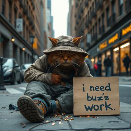 Ultra realistic. city like new york, a vagabond cat, with old dirty clothes, ripped boots, sleeping on a city street, with an old dirty hat over his face, many small golden lightning bolt form pieces glowing falling out of his pants pockets, a carboard sign with the text "i need buz to work"
