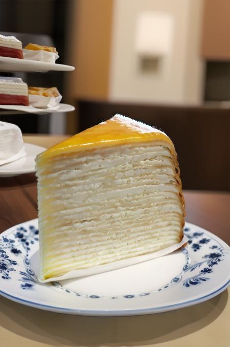 millecrape, food, blurry, plate, food focus, cake, still life, dessert, depth of field, blurry background, realistic, spoon, cup, pastry, cake slice, table, depth of field