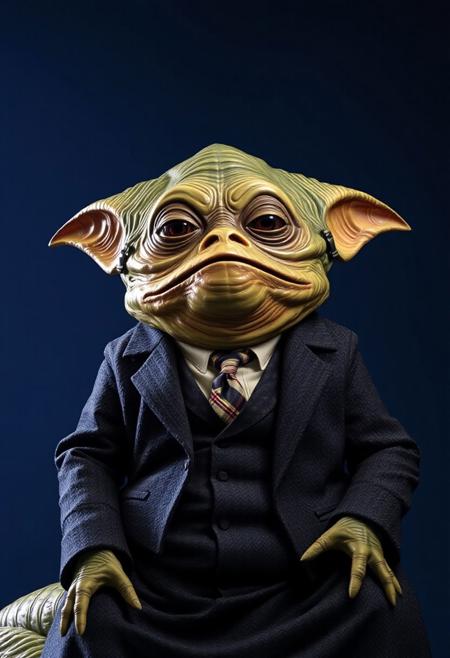 ​A studio shot hyper-realistic portrait of a Jabba the HUTT alien. He is sat in a dark tweed country jacket, cream shirt and tartan tie against a dark blue backdrop. He looks directly toward the camera. Professional studio portrait photography with classic portrait lighting and shallow depth of field against a seamless backdrop.