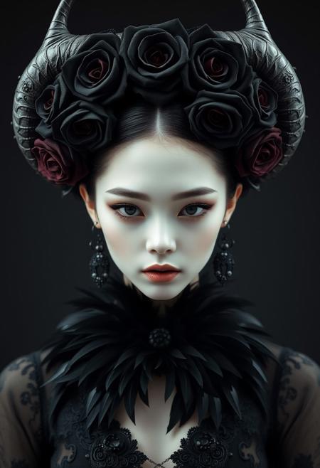 Medium shot, Symmetrical front view of a beautiful dark princess, japanese face, pale sking, pale lips, vampire fangs, black roses abd horns headpiece, black feathers collar, standing pose, in the style of infernal fasion, otherworldly beauty, infernalpunk, queencore, ornamented age aesthetics, coal and black, photography studio style