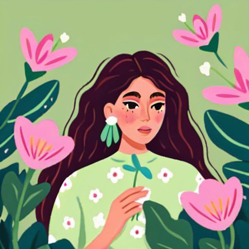 girl, flowers, nature, plants, leaves, pink, green, garden, illustration, digital art