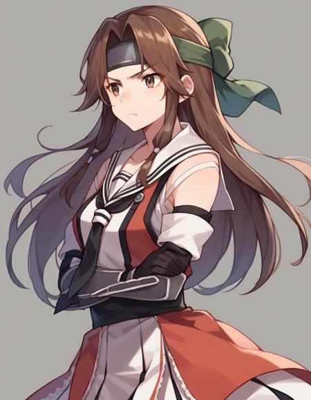 jintsuu_\(kancolle\),  brown_hair, long_hair, brown_eyes, hair_intakes, gloves, headband, school_uniform, elbow_gloves, serafuku,skirt, forehead_protector, 