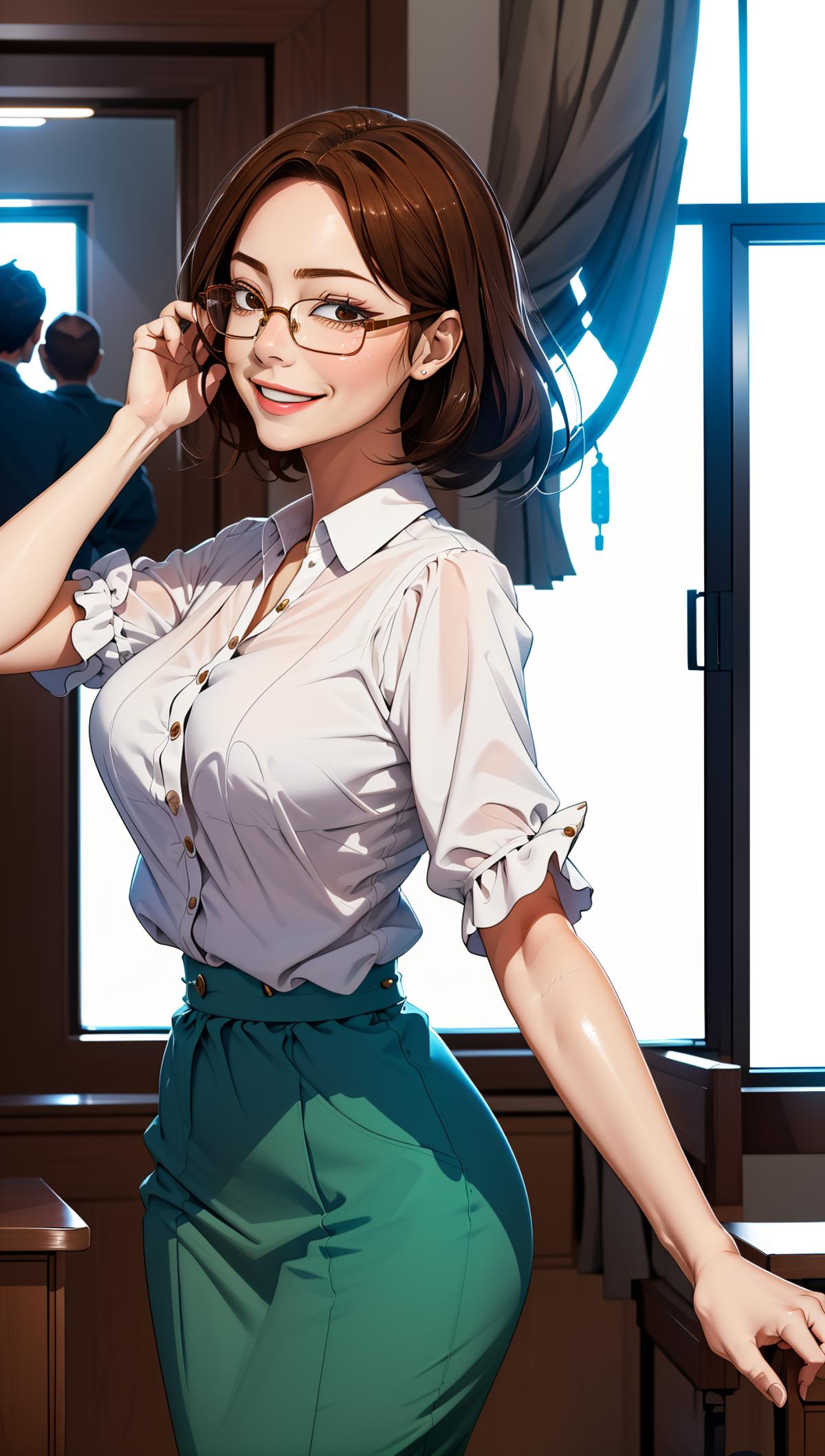A cartoon illustration of a woman in a white shirt and green skirt, wearing glasses and holding her phone to her ear.