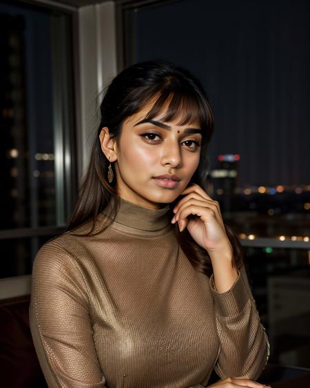 a photo of a pretty 30-year-old woman, desimocha, professional portrait photo,Chin scratch of contemplation look on face, high neck Brown __desimocha_clothes__, high ponytail and bangs, soft lighting, solo, night time, city bokeh lights <lora:Desi_Coffee_V3_SD15_LoRA_prodigy_local_regs:0.8>