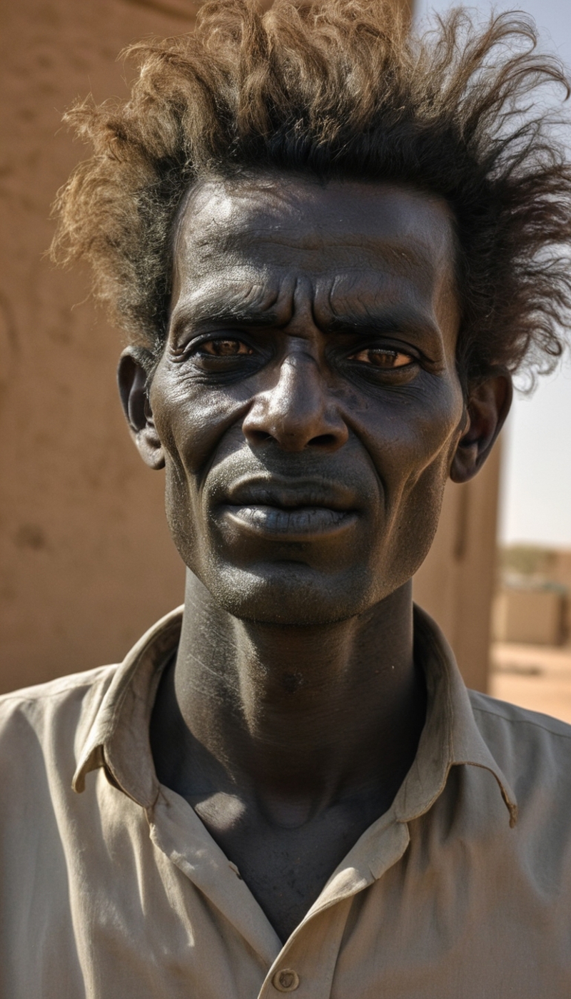 An African man with dark skin, a mustache, and an unibrow staring at the camera.