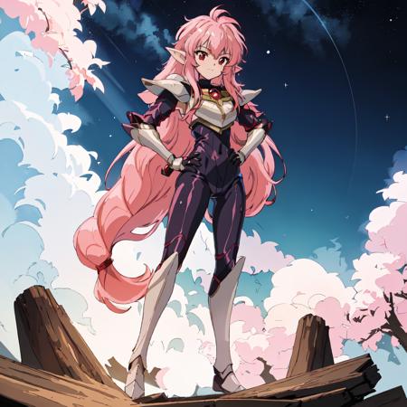 <lora:Nova-10:1>outdoor,forest,Masterpeace,high quality,Nova, 1girl, solo, long hair, red eyes, pink hair, pointy ears, armor, blue bodysuit, white shoulder armor, breastplate, standing, full body, hand on hip