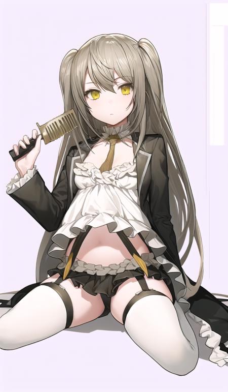 desert eagle hairstyle, outfit desert eagle, 1girl, solo, long hair, sitting, navel, looking at viewer, breasts, yellow eyes, very long hair, flower, two side up, wariza, bangs, holding flower, holding  <lora:outfit-desert_eagle-000007:1>