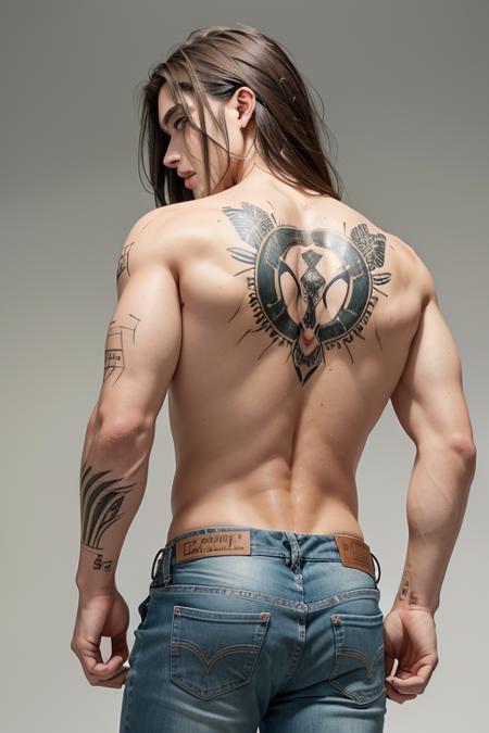 eren_jaeger, solo, long hair, looking at viewer, simple background, brown hair, 1boy, white background, green eyes, male focus, looking back, pants, from behind, wet, tattoo, muscular, facial hair, back, muscular male, ball, topless male, jeans, soccer ball, back focusm <lora:eren_yeager-20:0.7>