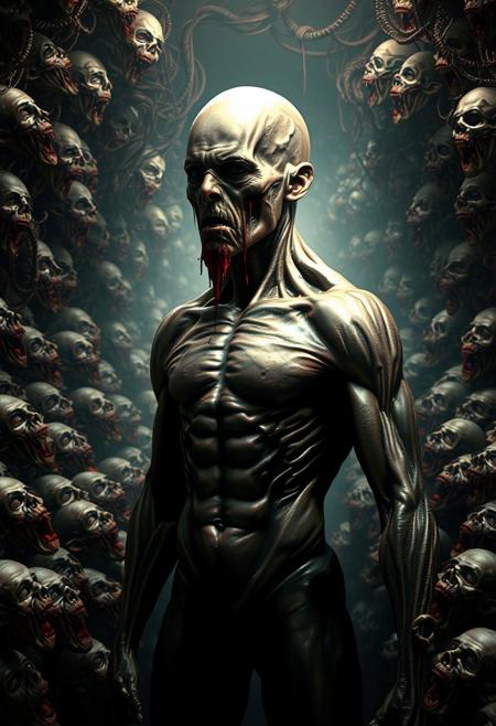A surreal, dark, and nightmarish scene featuring a towering, bald humanoid figure with a metallic, almost chrome-like skin. The figure's muscular torso is prominently displayed, and its expressionless face has dark, liquid tears streaming down its cheeks. Surrounding the central figure are countless distorted, grotesque faces and screaming heads, blending into the background as if they are part of an endless, biomechanical structure. The atmosphere is eerie and oppressive, with twisted, sinewy forms intertwining with one another, creating a tunnel-like visual that fades into an infinite, haunting abyss. The design is intricate, with hyper-detailed elements, resembling a fusion of organic and mechanical horrors, evoking a deep sense of dread and unease.