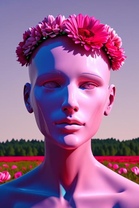 a mannequin with red gloves on it's face ,  a man standing in a field of pink flowers and rocks with a pink background and a white frame over it with a pink and blue background