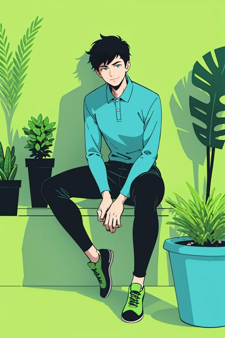 <lora:gz_20231024102623:0.8>,gz,solo,1boy,male focus,shirt,pants,sitting,smile,plant,black hair,black pants,green footwear,collared shirt,shoes,short hair,green theme,aqua shirt,wide shot,long sleeves,limited palette,potted plant,green shirt,