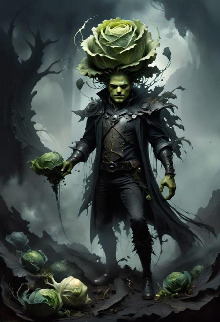 <lora:DarkGrimFantasyXL:0.8> drkms anthropomorphized cabbage going on a dark fantasy adventure