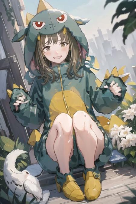 gaogaonichika, 1girl, solo, bangs, brown hair, hood, cosplay, animal costume, brown eyes, fangs,
blush, closed mouth, holding, holding flower, looking at viewer, smile, solo, day, dutch angle, ema, from above, omikuji, outdoors
<lora:nichika-gao-v1.0:1>