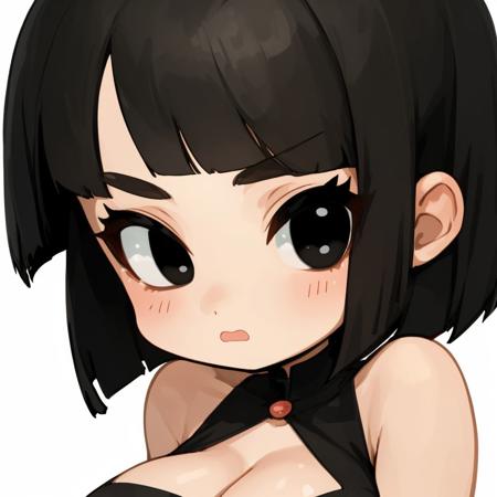 close up,chibi girl,black eyes,black hair, (bob cut),big breasts,cleavage,huh face,  <lora:HuhFace:1>