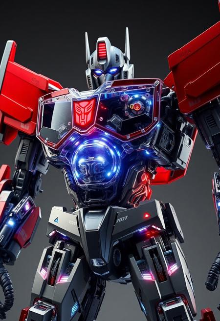 hyperrealistic, optimus prime, A transformers robot with a cut-away view showing pistons and led's and circuit boards and motors