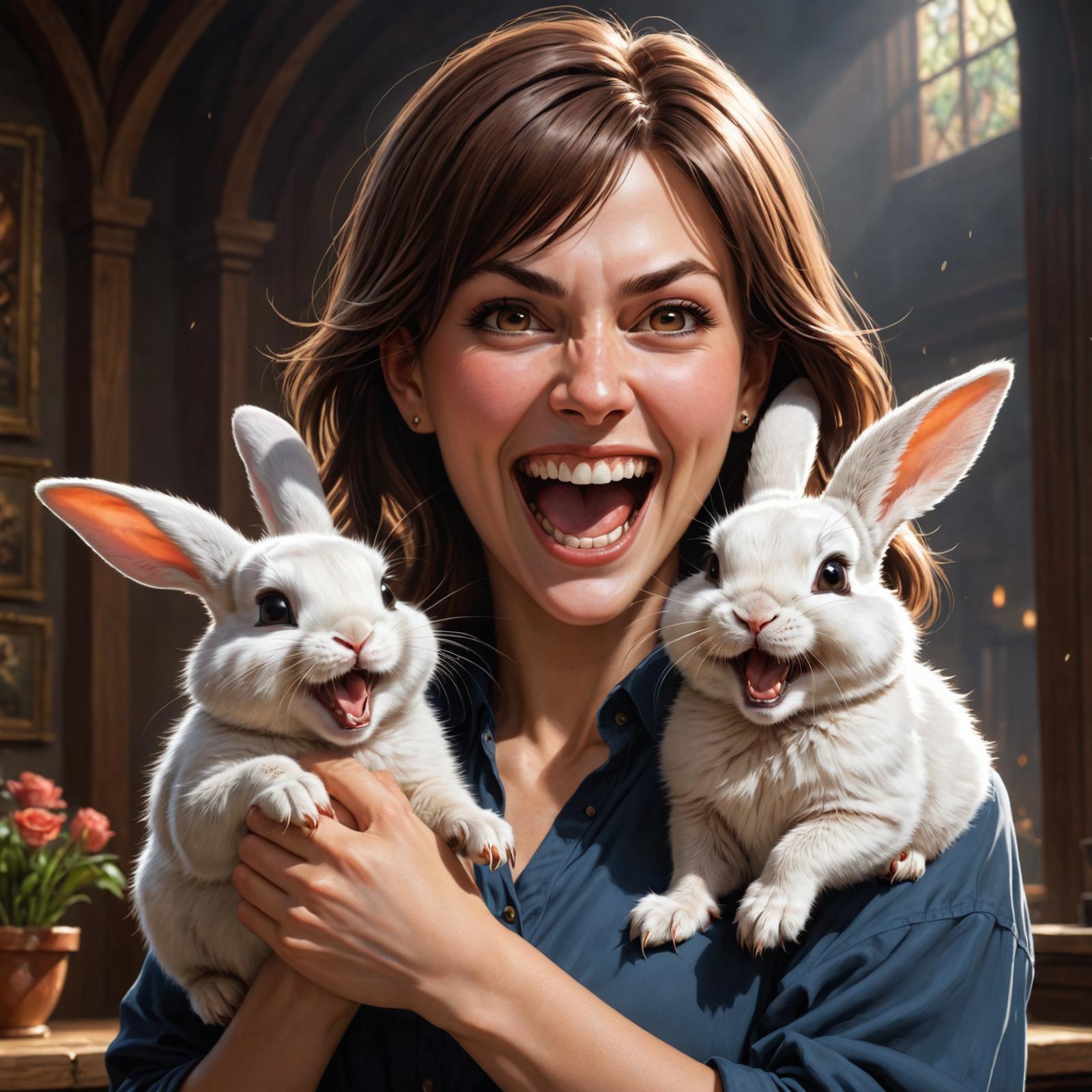 A woman holding two bunnies and smiling.