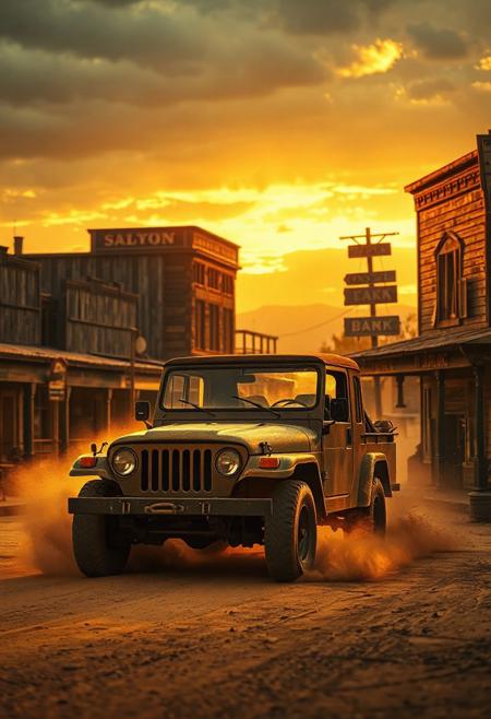 A dusty vintage off-road vehicle driving into an old western cowboy town during sunset, cinematic angle, golden sunlight through the dust, saloon on the left, old bank on the right, wooden buildings, dramatic western atmosphere, ultra-realistic, 35mm film look, wind blowing signs, moody sky
Negative Prompt
blurry, lowres, overexposed, cartoon, watermark, distortion, unrealistic reflections, text, logo, disfigured vehicle