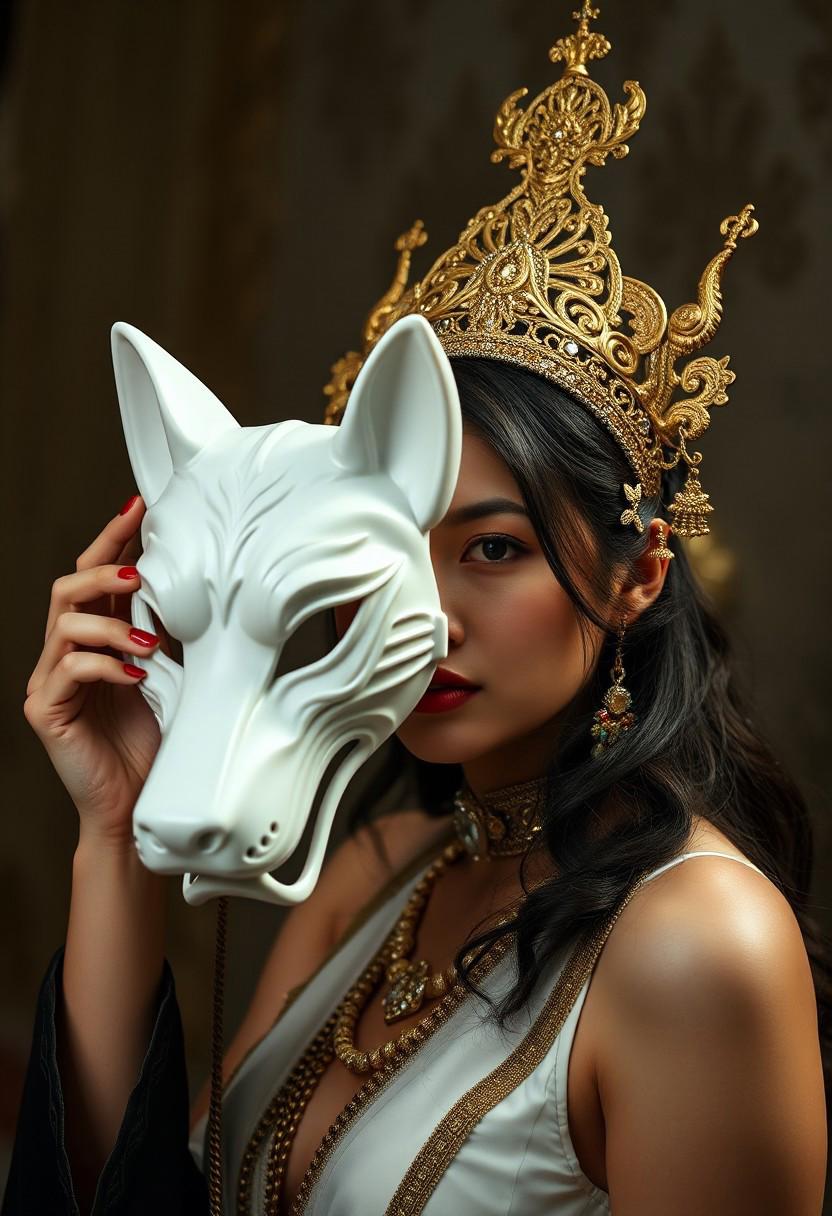 (Soft Lighting Photography by Mimoza Veliu and Mario Giacomelli:1.2), NSFW, 
With main theme color of ember, white and black, a photo portrait depicts a Thailand princess in holding a white wolf mask which covering half of her face, sexy, Thai elements, gold