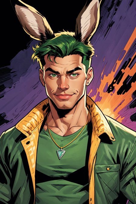 solo, looking at viewer, smile, shirt, 1boy, animal ears, jewelry, closed mouth, green eyes, jacket, upper body, male focus, green hair, open clothes, dark skin, necklace, rabbit ears, open jacket, black jacket, torn clothes, dark-skinned male, pectorals, green shirt, torn shirt, leather jacket, viera, extremely detailed, by Jack Kirby, Adam Hughes and Terry Dodson, ink hatching, art by jim lee and joemad, detailed background, inked lines, ultra sharp, extremely detailed, detailed eyes, detailed face, looking at viewer