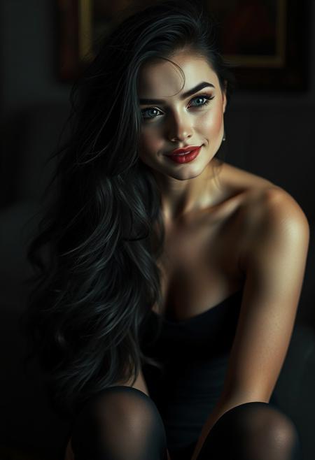 cinematic film still In the vibrant and detailed style of Dan DeCarlo, he creates a charcoal a medium shot of a beautiful woman with Ukrainian features. She has very long, lush and lush hair. She is winking with a very feminine mischief and a splendid smile. Digital art, top, busty, thighs, tights . shallow depth of field, vignette, highly detailed, high budget, bokeh, cinemascope, moody, epic, gorgeous, film grain, grainy', 'silhouette style In the vibrant and detailed style of Dan DeCarlo, tights . high contrast, minimalistic, black and white, stark, dramatic', 'UHD, 8K, ultra detailed, a cinematic photograph of In the vibrant and detailed style of Dan DeCarlo, tights, beautiful lighting, great composition', 'In the vibrant and detailed style of Dan DeCarlo, intricate, elegant, sharp focus, digital painting, by artgerm and greg rutkowski and alphonse mucha and face by wlop